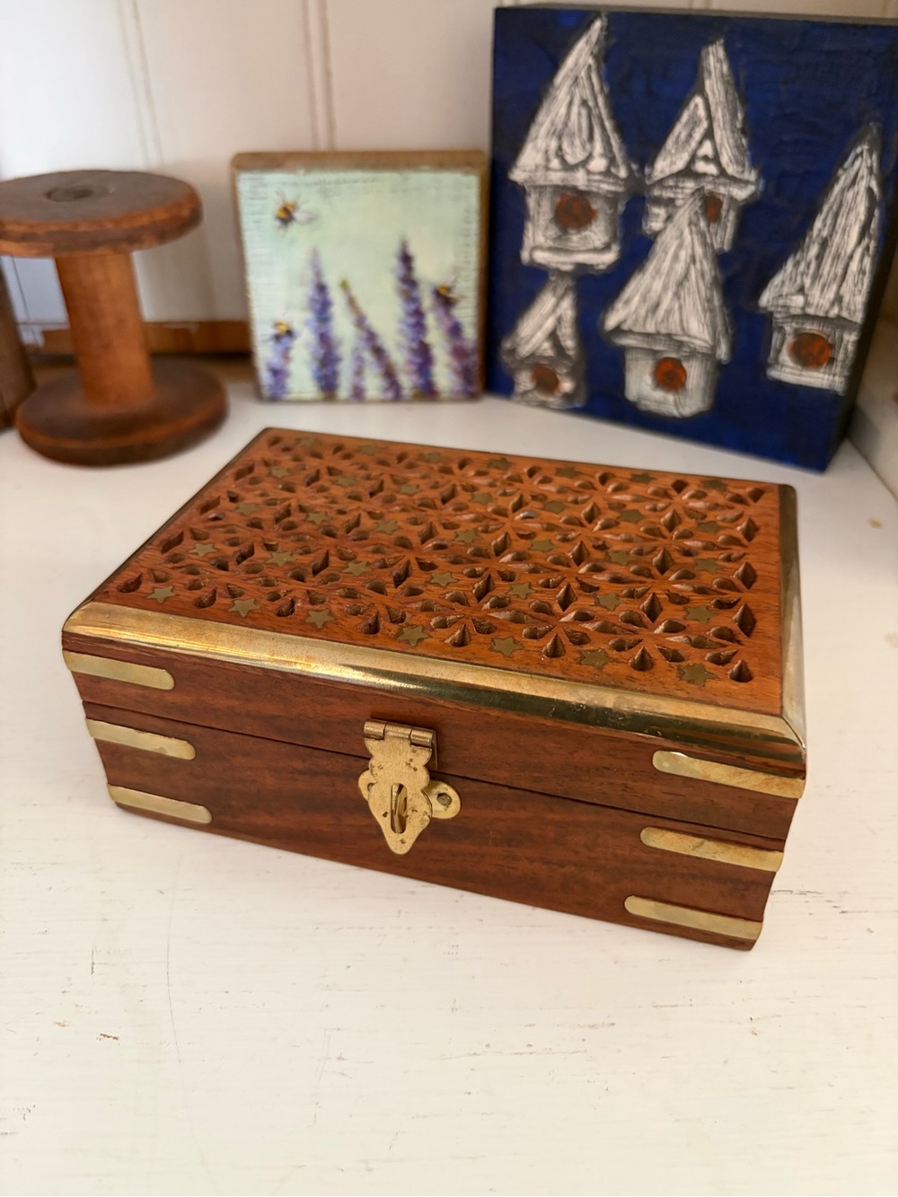 Carved Wood Keepsake Box with Brass Accents - Brown